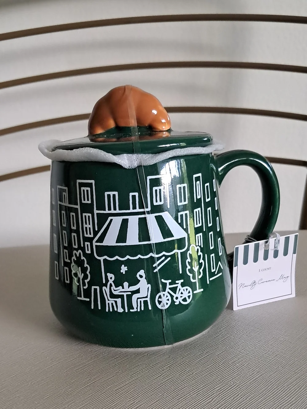 New!Viral Ceramic Cafe Mug with Croissant Lid Accent